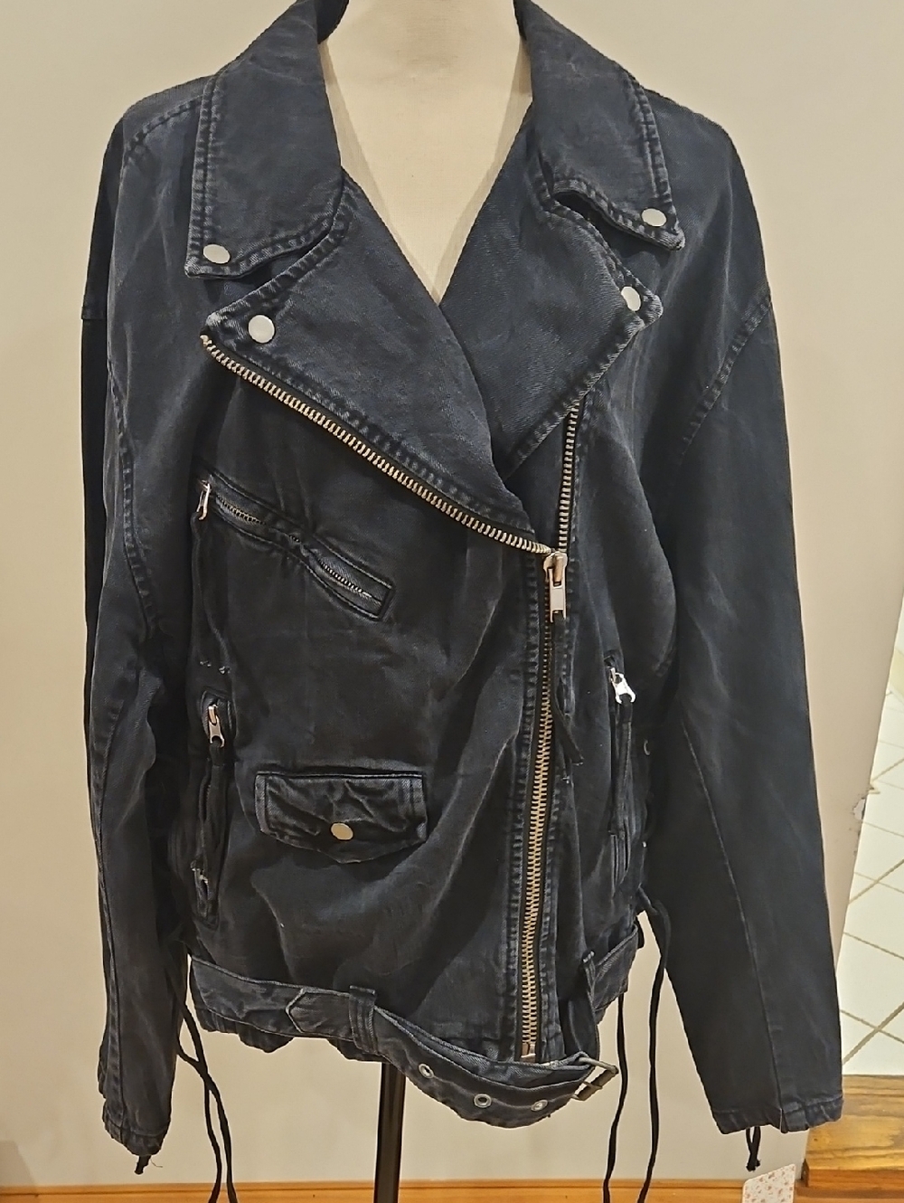 Free People Oversize Denim Motor Cycle Jacket Corsette Style Lace Sides - Picture 3 of 12